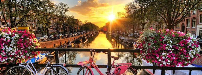 Sunset over Amsterdam canals with bicycles and flowers