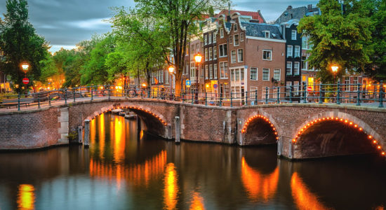 Canal bridges in Amsterdam with lights